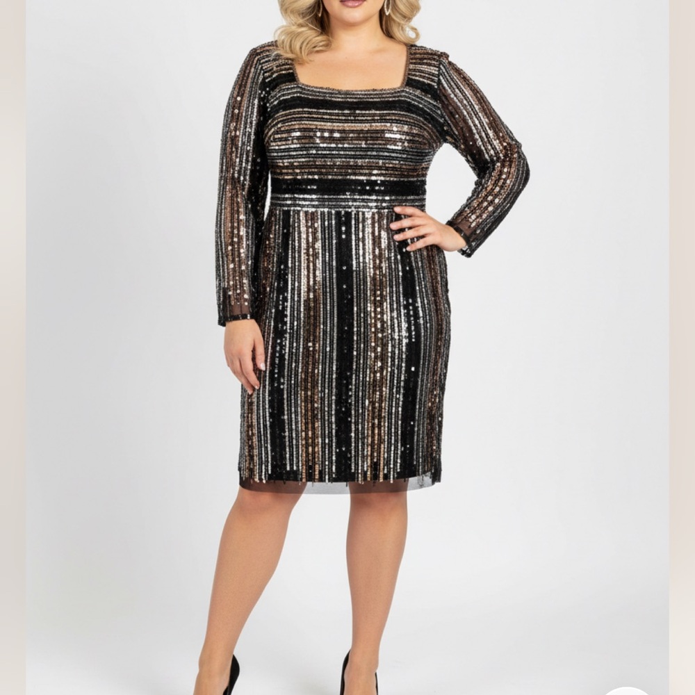 Adrianna Papell Black and Gold Sequin Long Sleeve Cocktail Dress